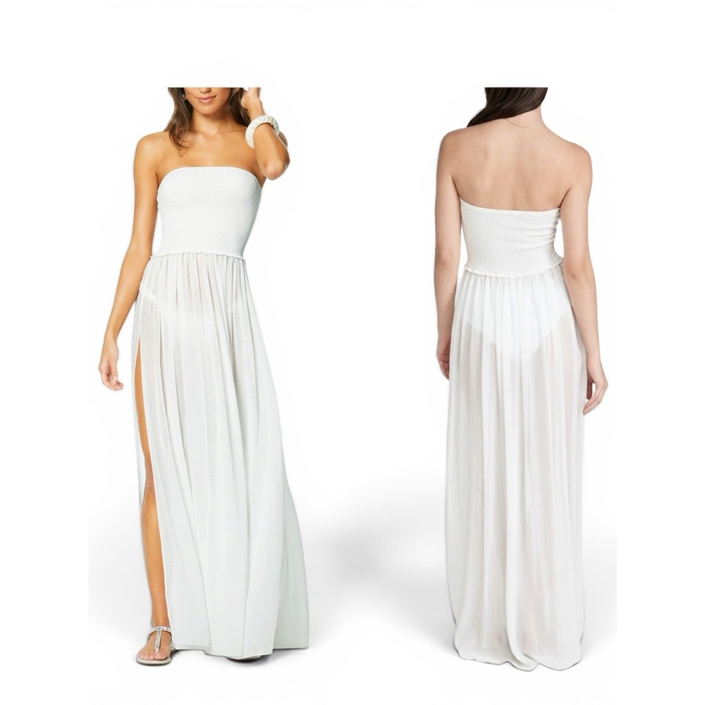 Ramy Brook XS $295 Calista Smocked Strapless Side-Split Coverup Dress White